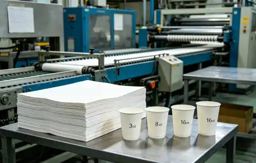 Stack of raw PE-coated paper sheets next to finished cups in multiple sizes from 3oz to 16oz